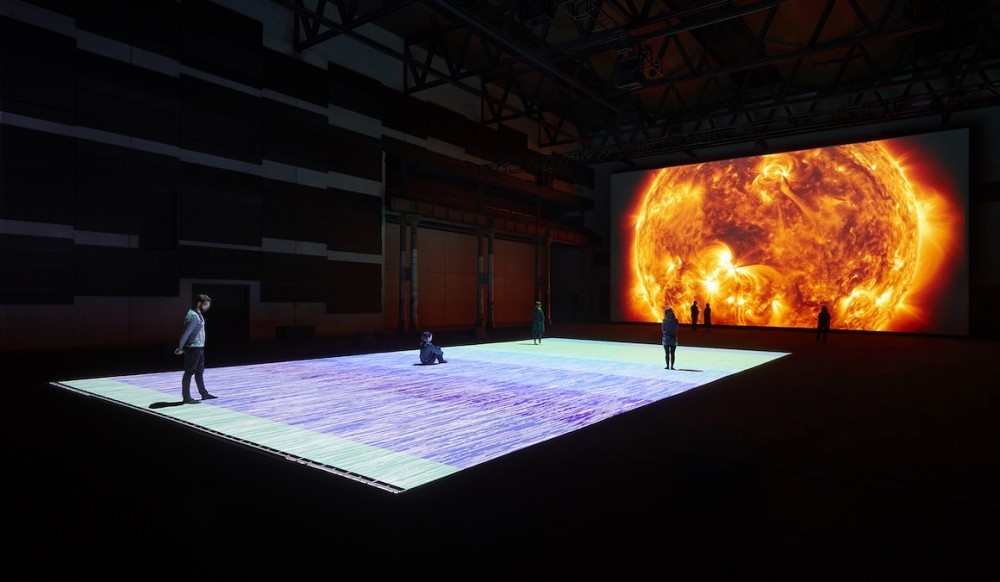 Ryoji Ikeda, micro | macro, 2015, 3 DLP video projectors, computers, speakers. Installation view at Carriageworks, 2018. Photo by Zan Wimberley. Courtesy the artist 