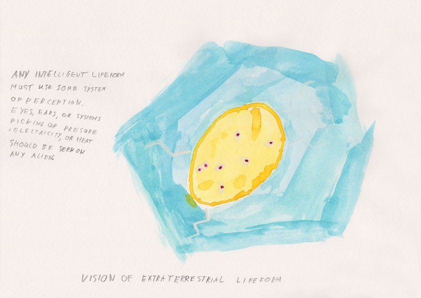 Suzanne Treister, The Escapist BHST (Black Hole Spacetime) Visions of Intelligent Life Forms on other Planets, watercolour by a CERN physicist. Courtesy the artist