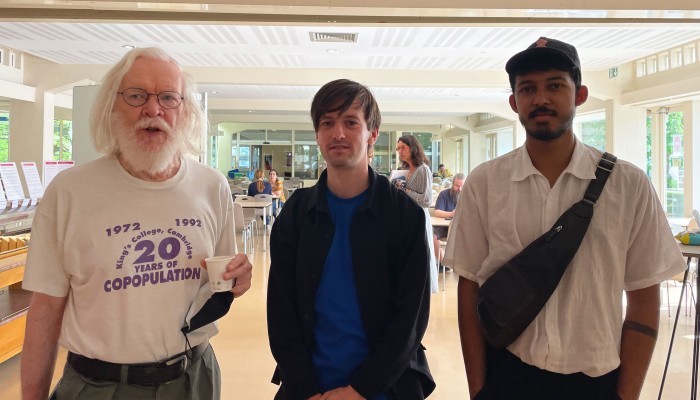 Artists Ian Purnell and Kamil Hassim with theoretical physicist John Elllis