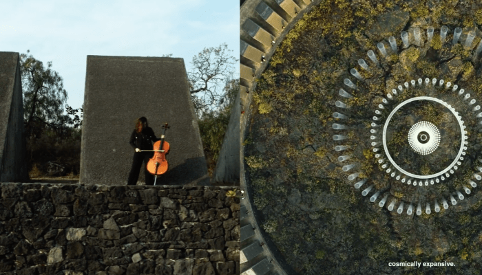 Tania Candiani, Quantum Prelude, 2022 (video still). Left image: A violoncellist plays at UNAM's Espacio Escultórico. Right side: an spiral 3D illustration revolves around UNAM's Espacio Escultórico