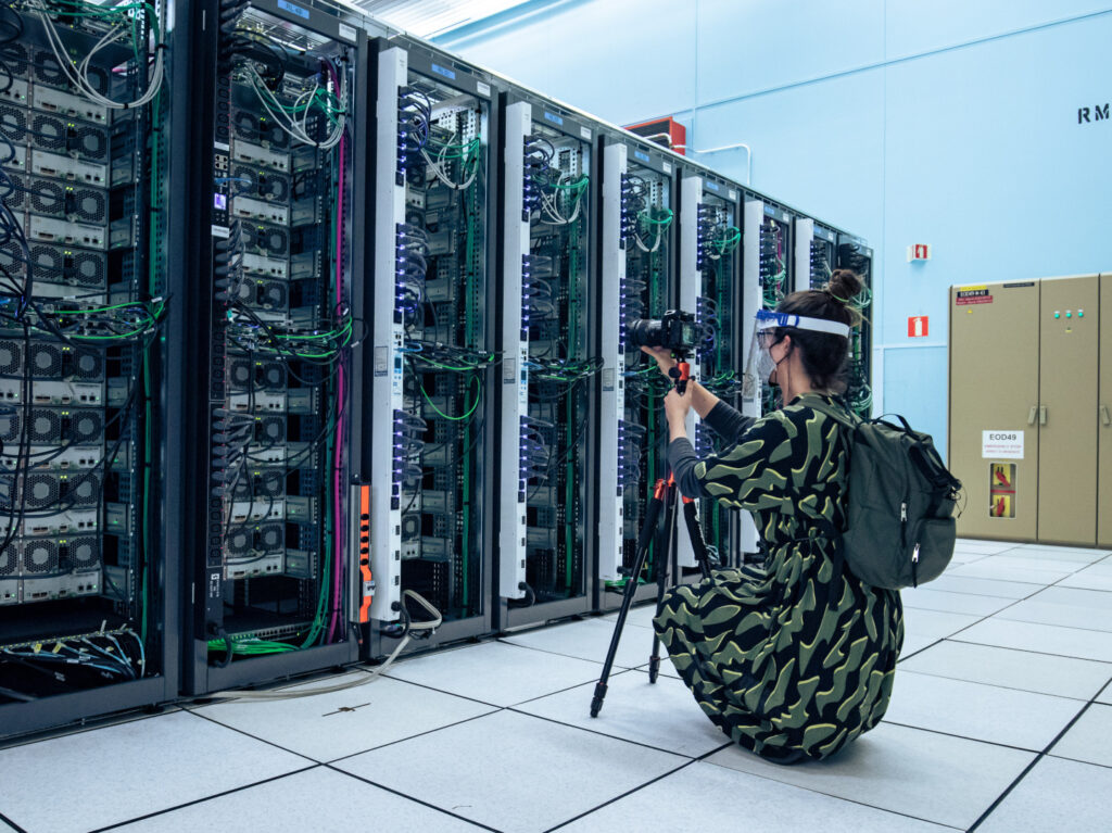 Patricia Domínguez filming at CERN's Data Centre.